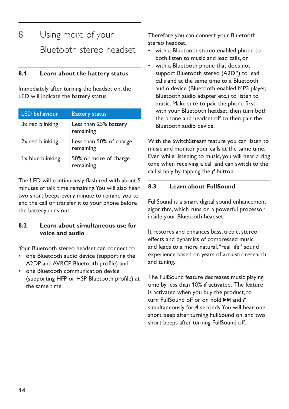 8 using more of your bluetooth stereo headset | Philips SHB6110-37 User Manual | Page 14 / 17