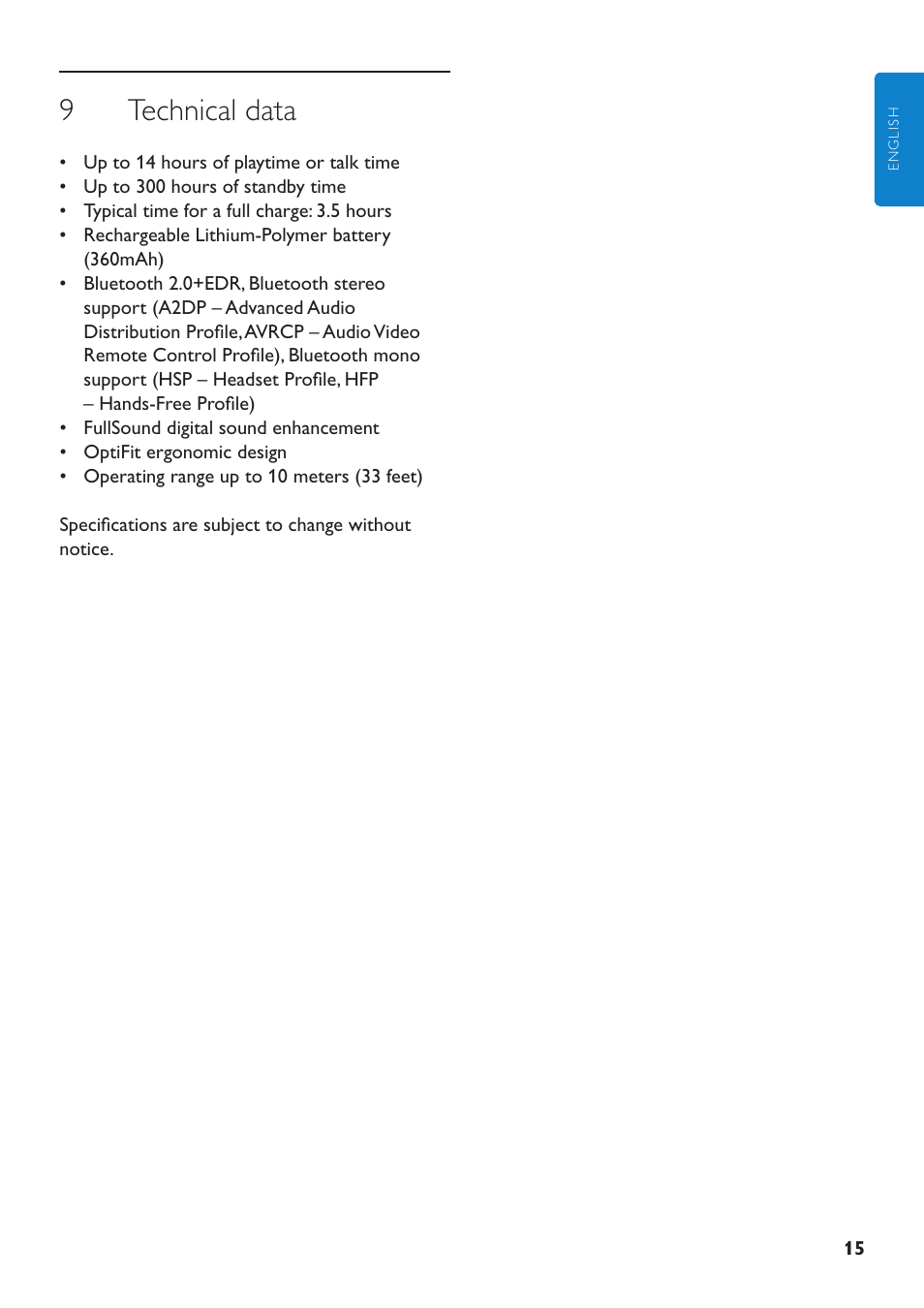 9 technical data | Philips SHB6110-37 User Manual | Page 15 / 17