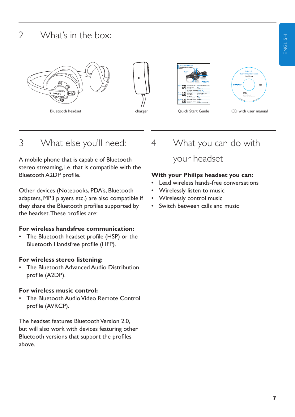 3 what else you’ll need, 4 what you can do with your headset, 2 what’s in the box | Philips SHB6110-37 User Manual | Page 7 / 17