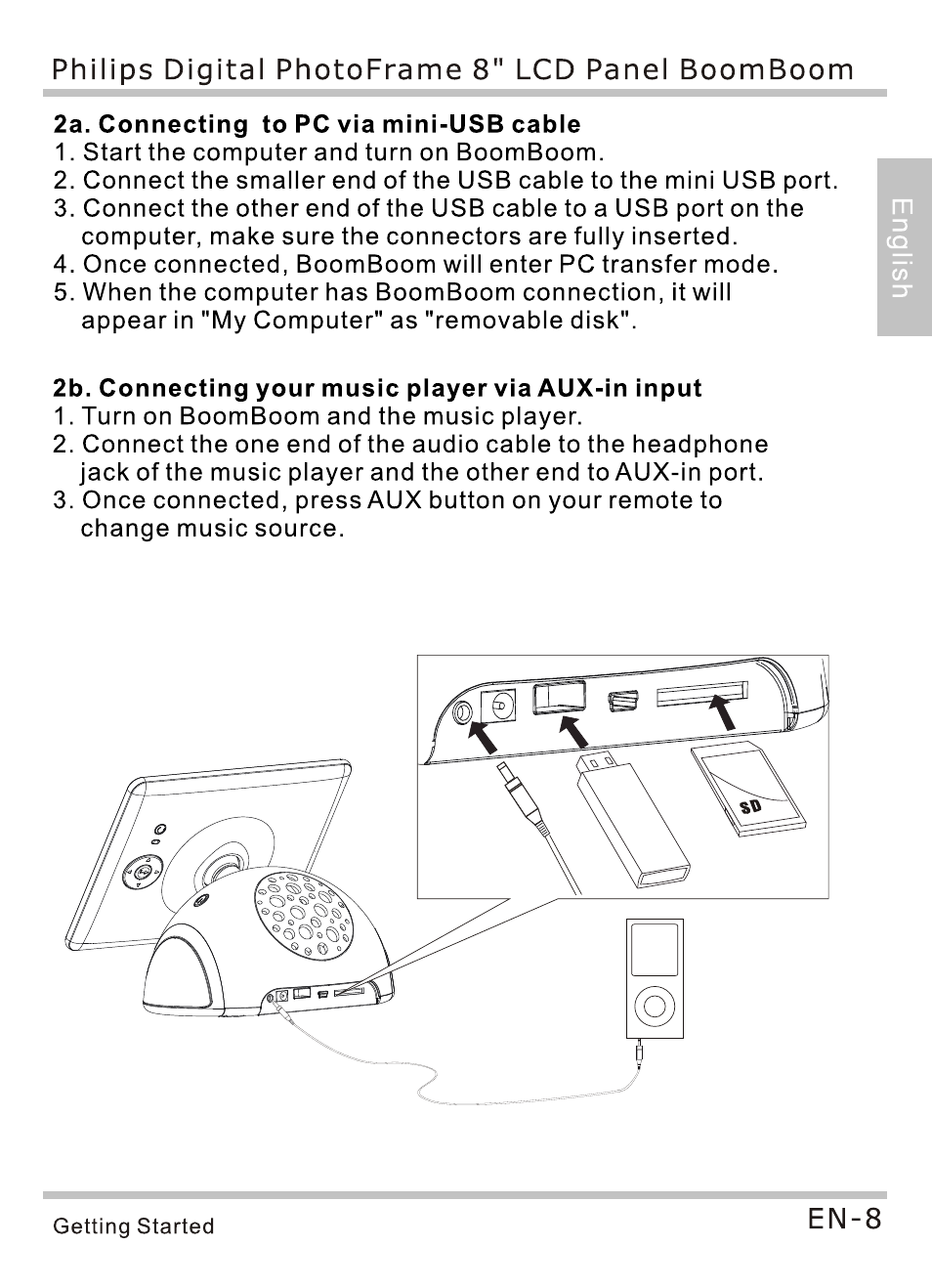 2a. connecting to pc via mini-usb cable, 2b. connecting your music player via aux-in input | Philips SPF4080P-G7 User Manual | Page 13 / 86