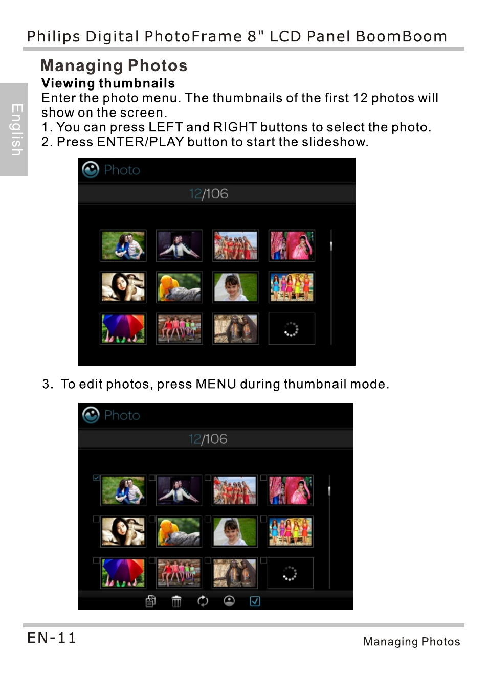 Managing photos, Managingphotos, Ü)l hi | Philips SPF4080P-G7 User Manual | Page 16 / 86