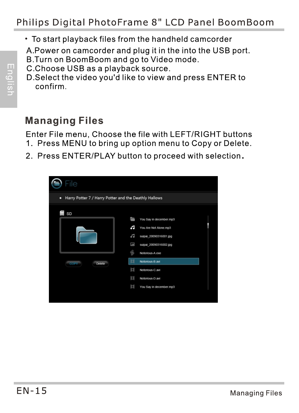 Managing files, Managingfiies | Philips SPF4080P-G7 User Manual | Page 20 / 86