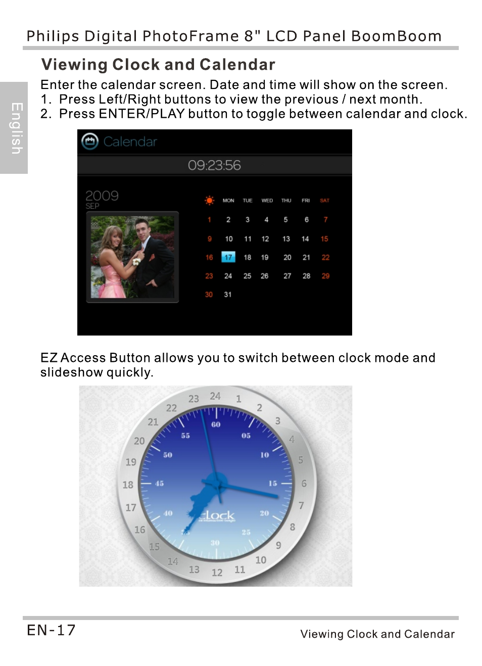 Viewing clock and calendar, En-17, Philips digital photoframe 8" lcd panel boomboom | Calendar | Philips SPF4080P-G7 User Manual | Page 22 / 86