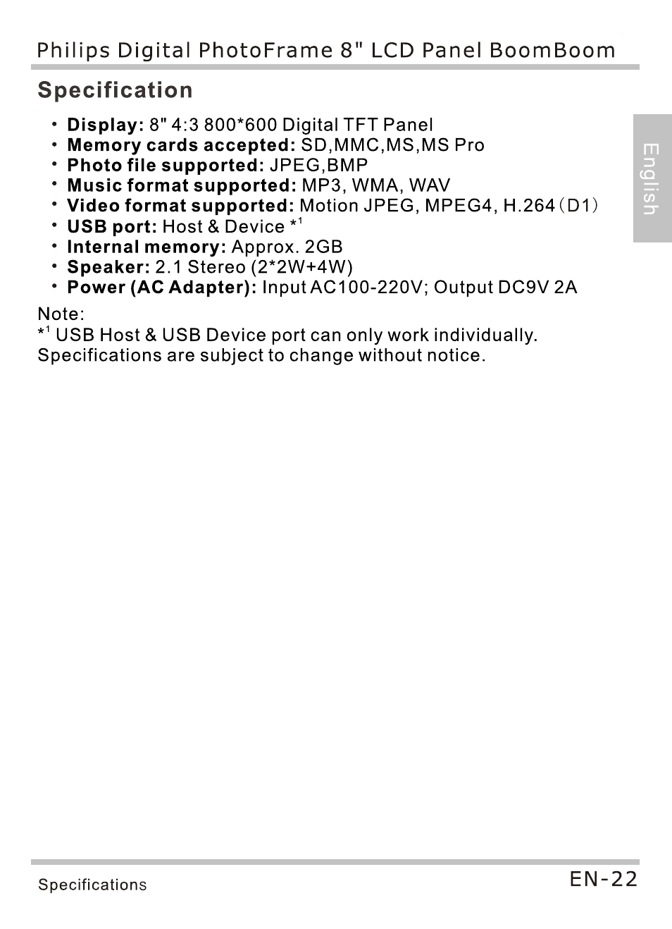 Specification, En-22 | Philips SPF4080P-G7 User Manual | Page 27 / 86