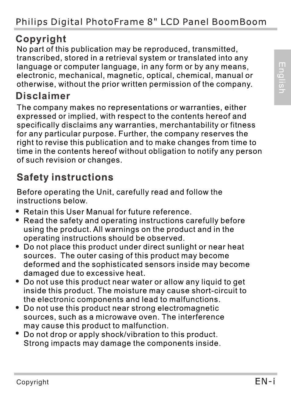 Disclaimer, Safety instructions, Copyright | Philips SPF4080P-G7 User Manual | Page 3 / 86