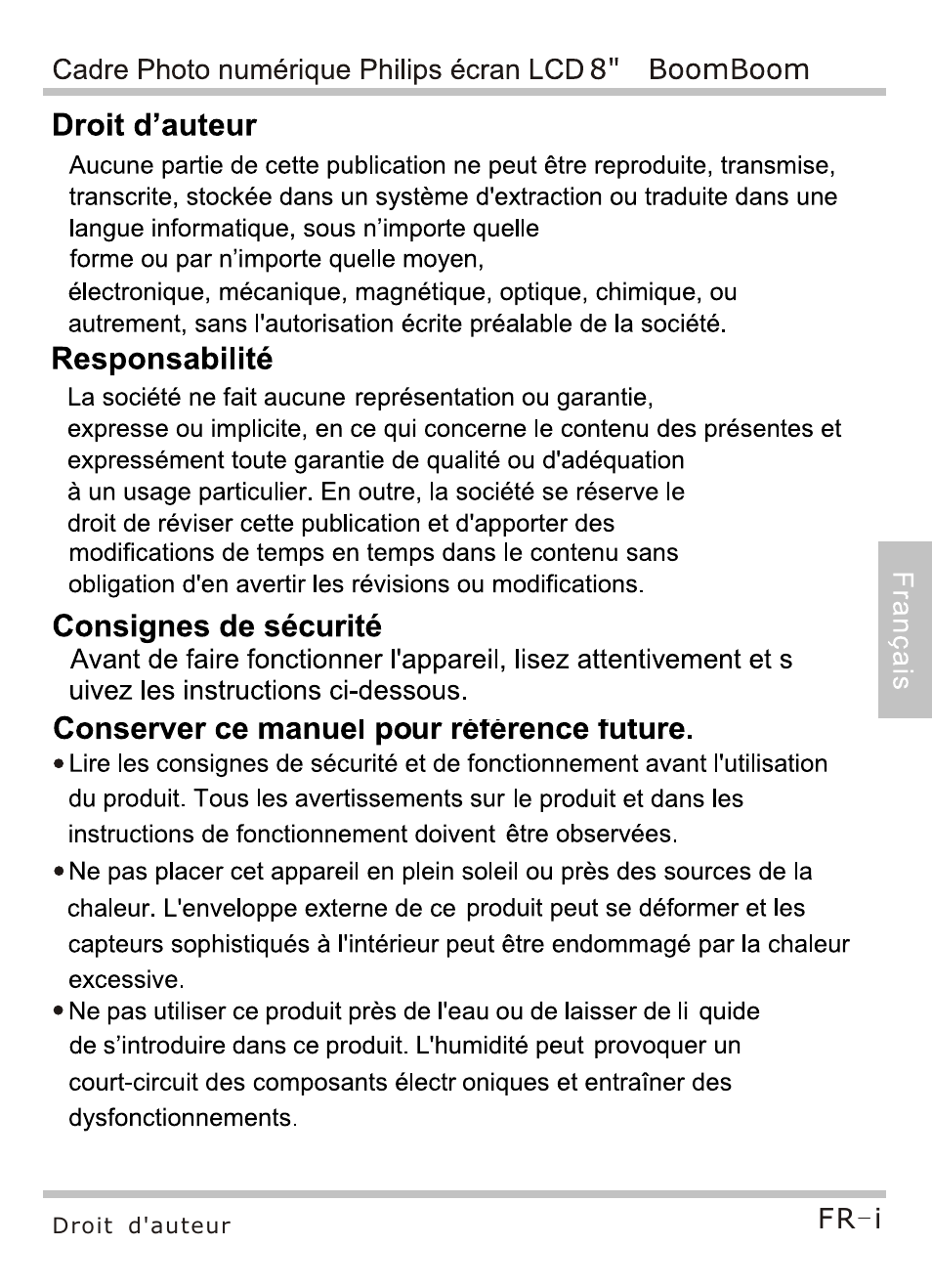 Droit d’auteur, Responsabilité, Consignes de sécurité | Conserver ce manuel pour reterence future | Philips SPF4080P-G7 User Manual | Page 31 / 86