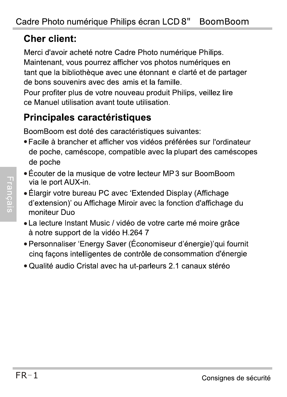 Cher client, Principales caractéristiques | Philips SPF4080P-G7 User Manual | Page 34 / 86