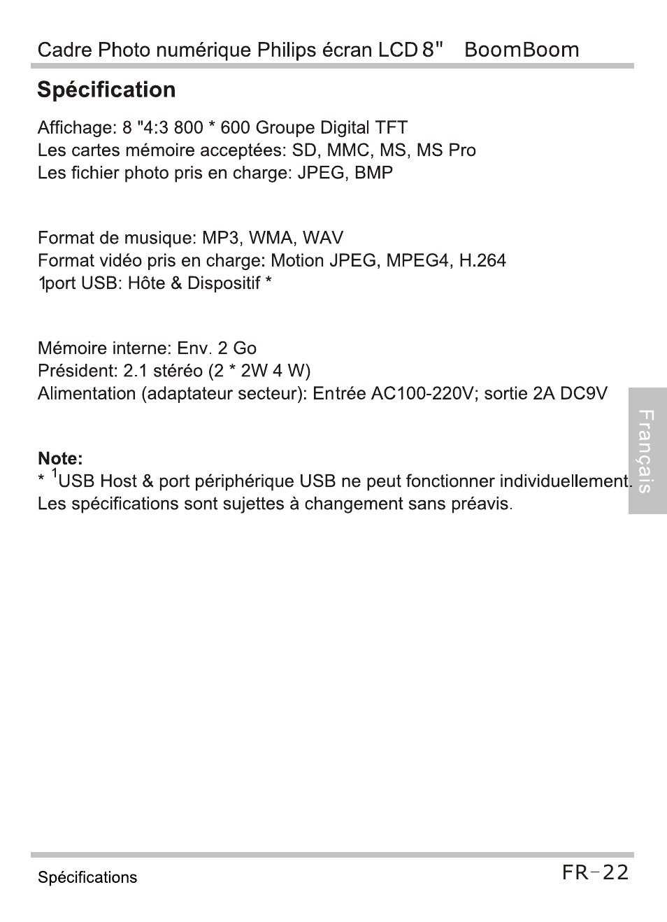 Spécification, Note, Specifications | Philips SPF4080P-G7 User Manual | Page 55 / 86