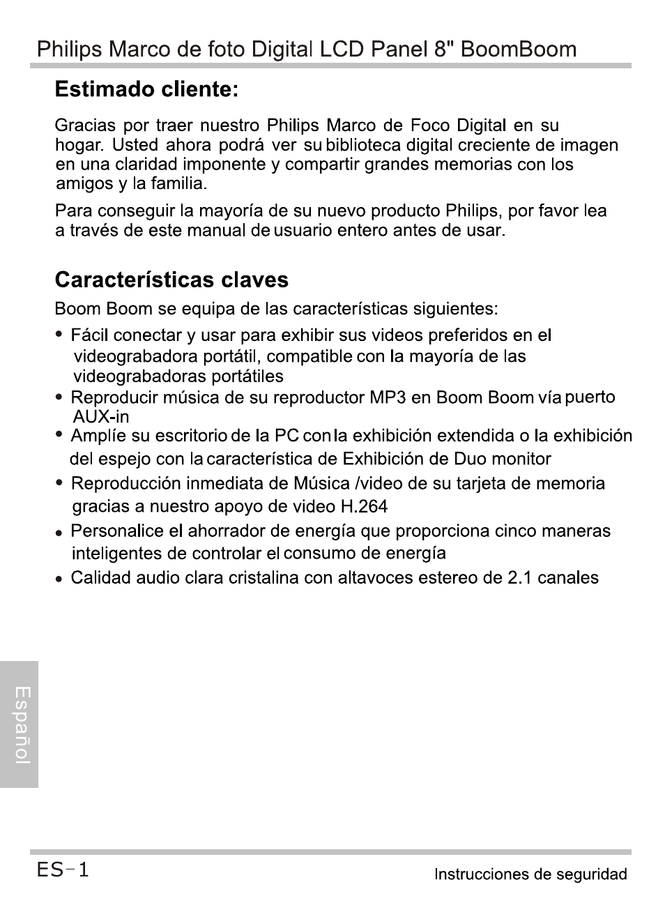 Estimado cliente, Características claves | Philips SPF4080P-G7 User Manual | Page 62 / 86