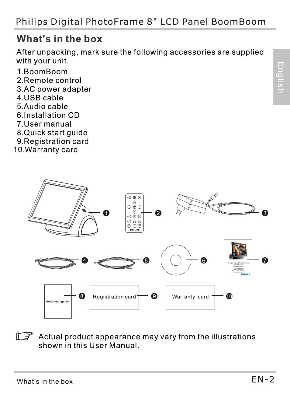 What's in the box, En-2, Philips digital photoframe 8