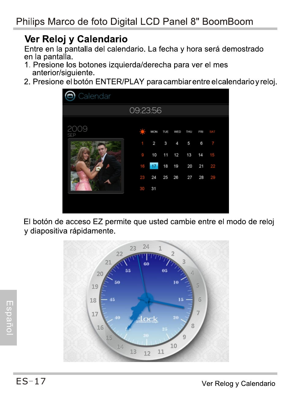Ver reloj y calendario, Ver relog y calendario | Philips SPF4080P-G7 User Manual | Page 78 / 86