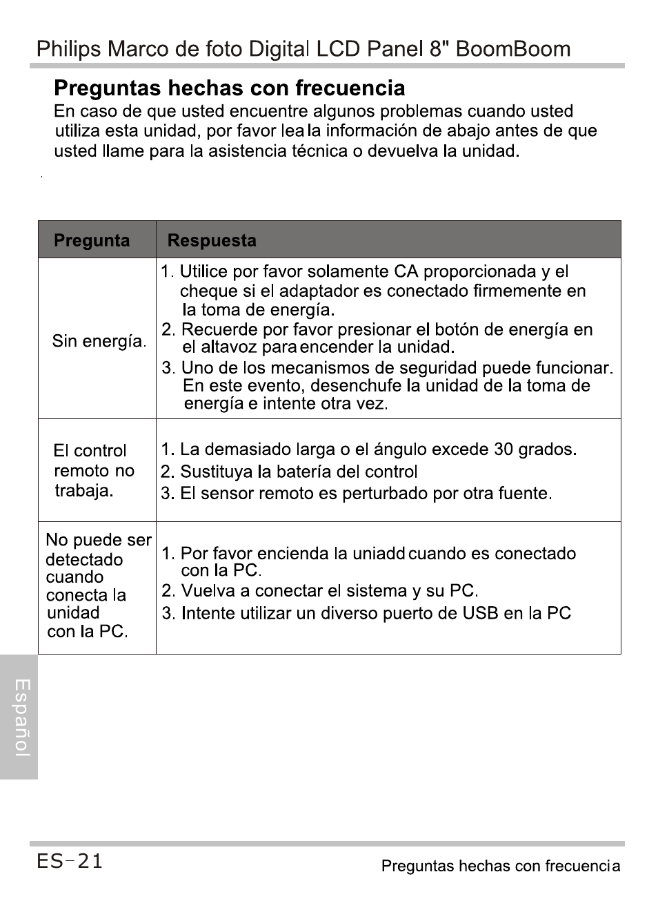 Preguntas hechas con frecuencia | Philips SPF4080P-G7 User Manual | Page 82 / 86