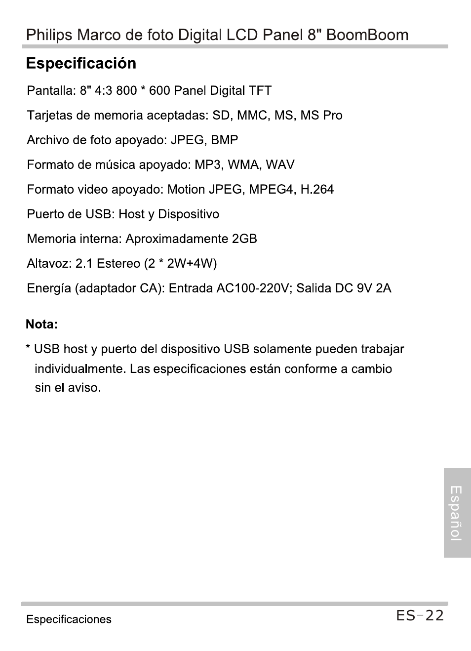 Especificación, Hilips^marco^defoto_digital_lc | Philips SPF4080P-G7 User Manual | Page 83 / 86