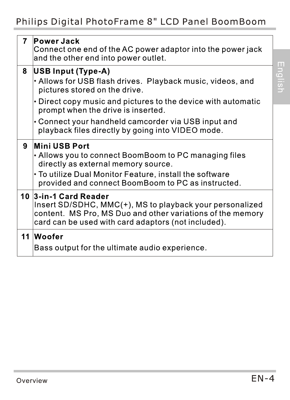 Powerjack, 8 usb input (type-a), 9 mini usb port | 10 3-in-1 card reader, 11 woofer | Philips SPF4080P-G7 User Manual | Page 9 / 86