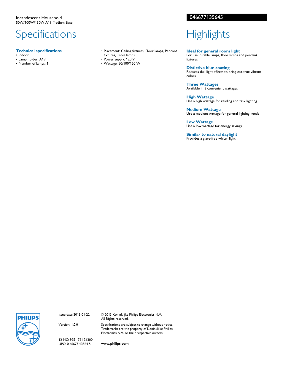 Specifications, Highlights | Philips 046677135645 User Manual | Page 2 / 2
