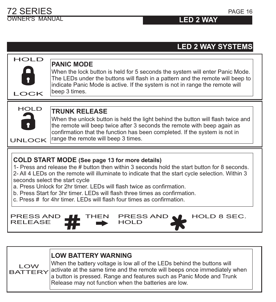 72 series, Led 2 way led 2 way systems, Symptom cause/solution | Ultra Start 72 SERIES 1272 User Manual | Page 16 / 20