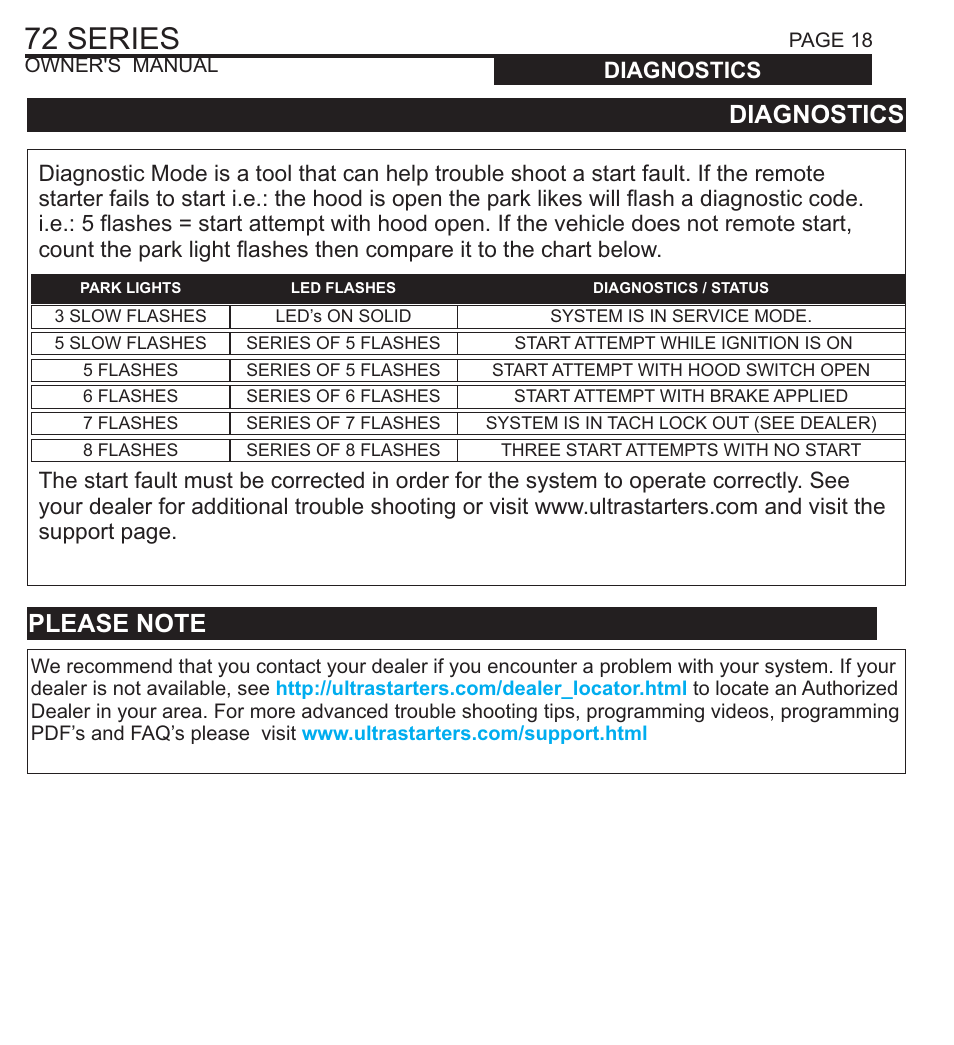 72 series, Diagnostics, Warranty | Ultra Start 72 SERIES 1272 User Manual | Page 18 / 20