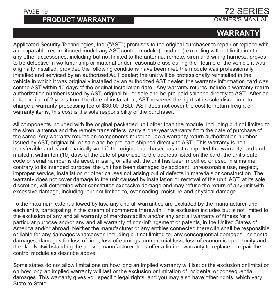 72 series, Diagnostics, Warranty | Ultra Start 72 SERIES 1272 User Manual | Page 19 / 20