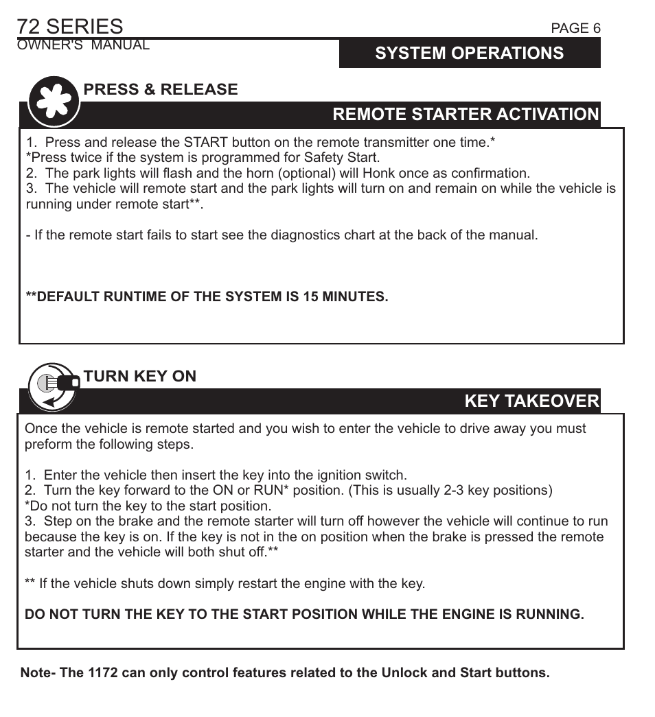 72 series, System operations, Remote starter activation | Key takeover, Remote starter shut down, Engine idle mode, Extended runtime, Turbo timer mode, Press & release, Turn key on | Ultra Start 72 SERIES 1272 User Manual | Page 6 / 20