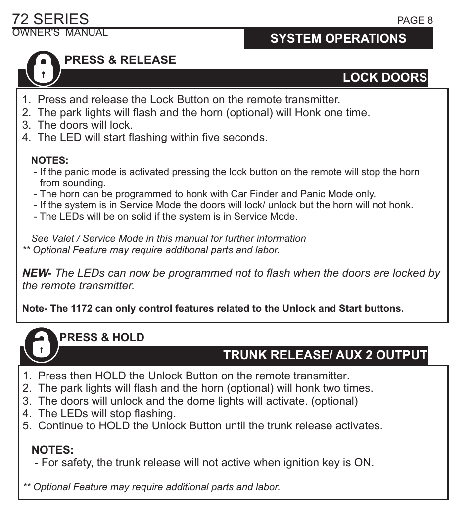 72 series, System operations trunk release/ aux 2 output, Lock doors | System operations driver's door priority unlock, Unlock doors | Ultra Start 72 SERIES 1272 User Manual | Page 8 / 20