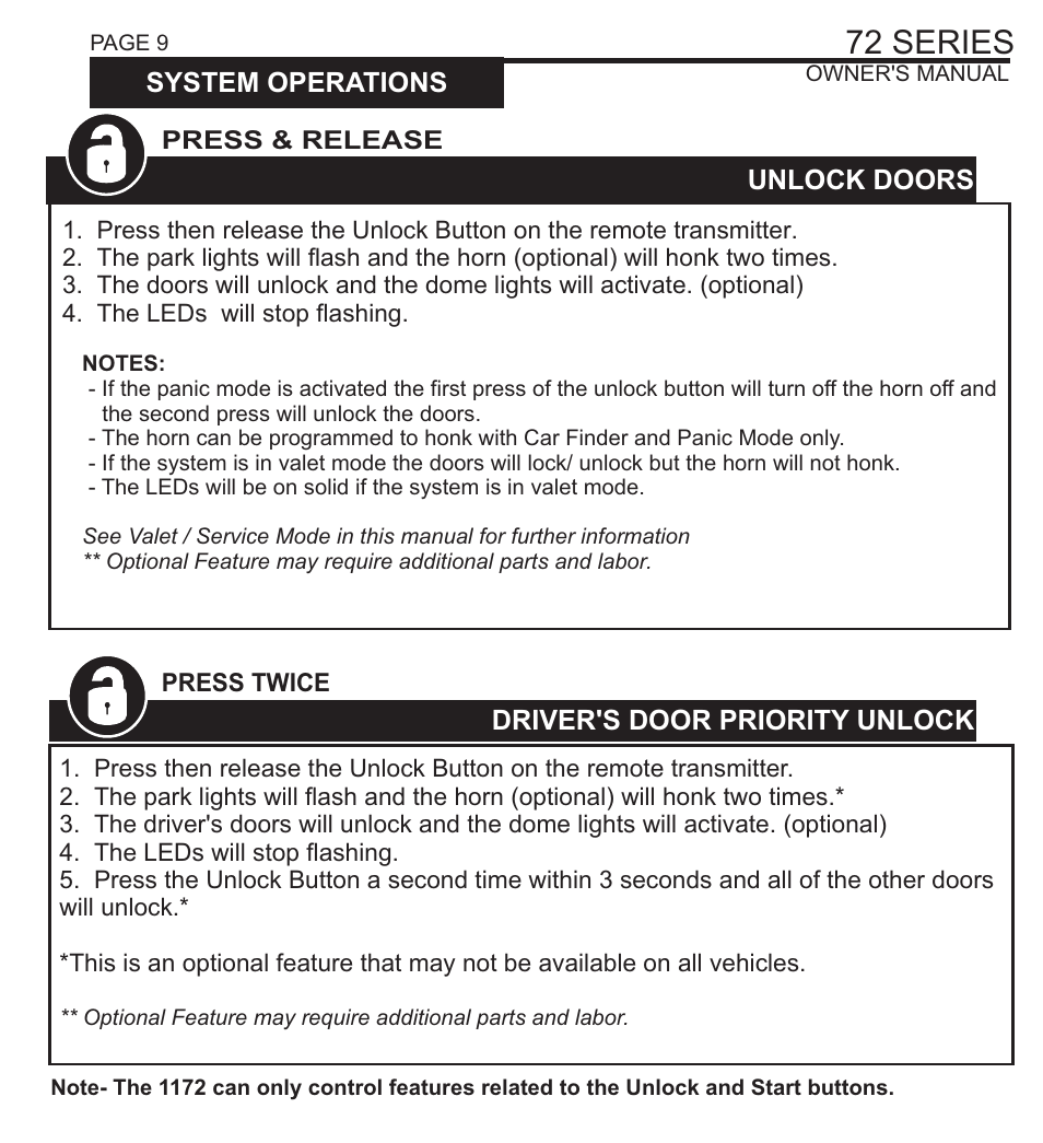 72 series, System operations trunk release/ aux 2 output, Lock doors | System operations driver's door priority unlock, Unlock doors | Ultra Start 72 SERIES 1272 User Manual | Page 9 / 20