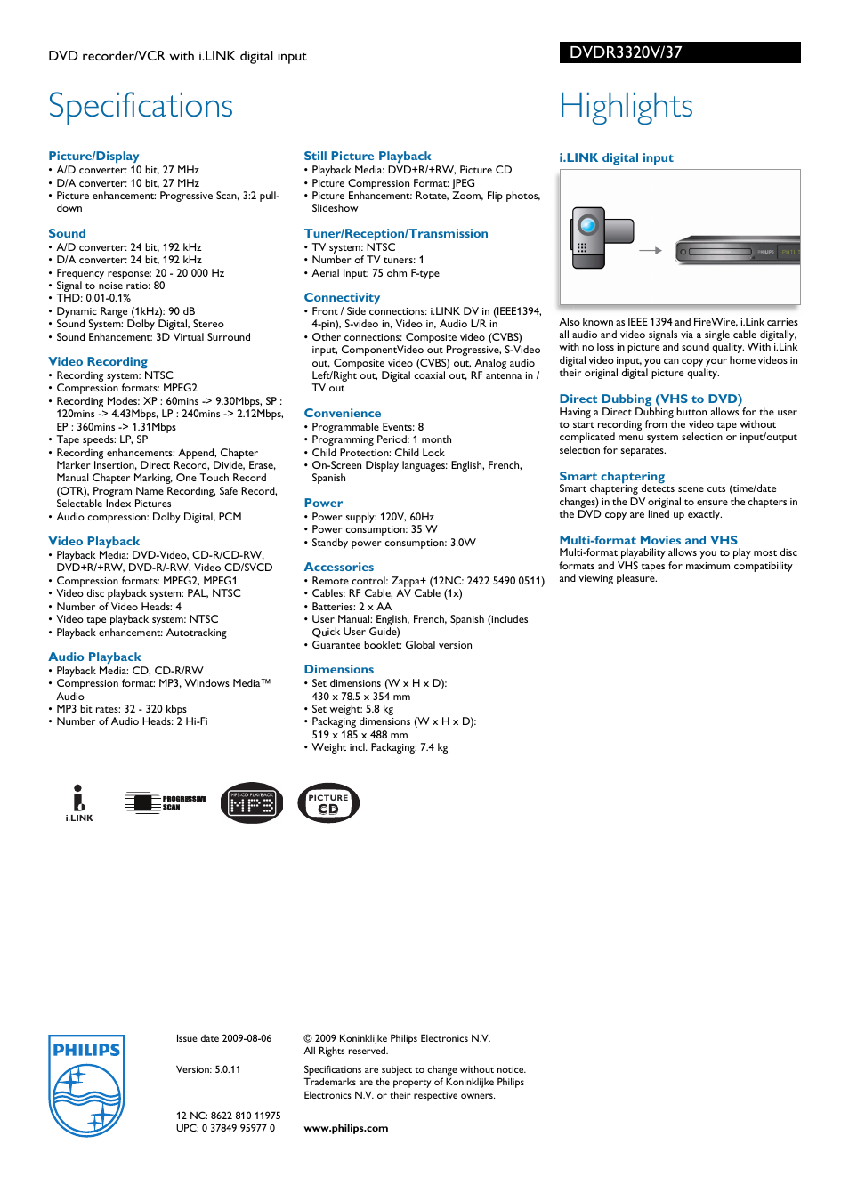 Specifications, Highlights | Philips DVDR3320V-37B User Manual | Page 2 / 2