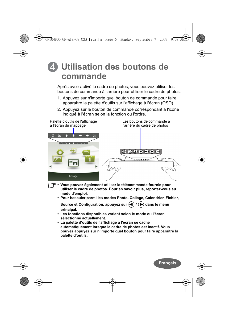 Utilisation des boutons de commande | Philips SPF3410-G7 User Manual | Page 10 / 16