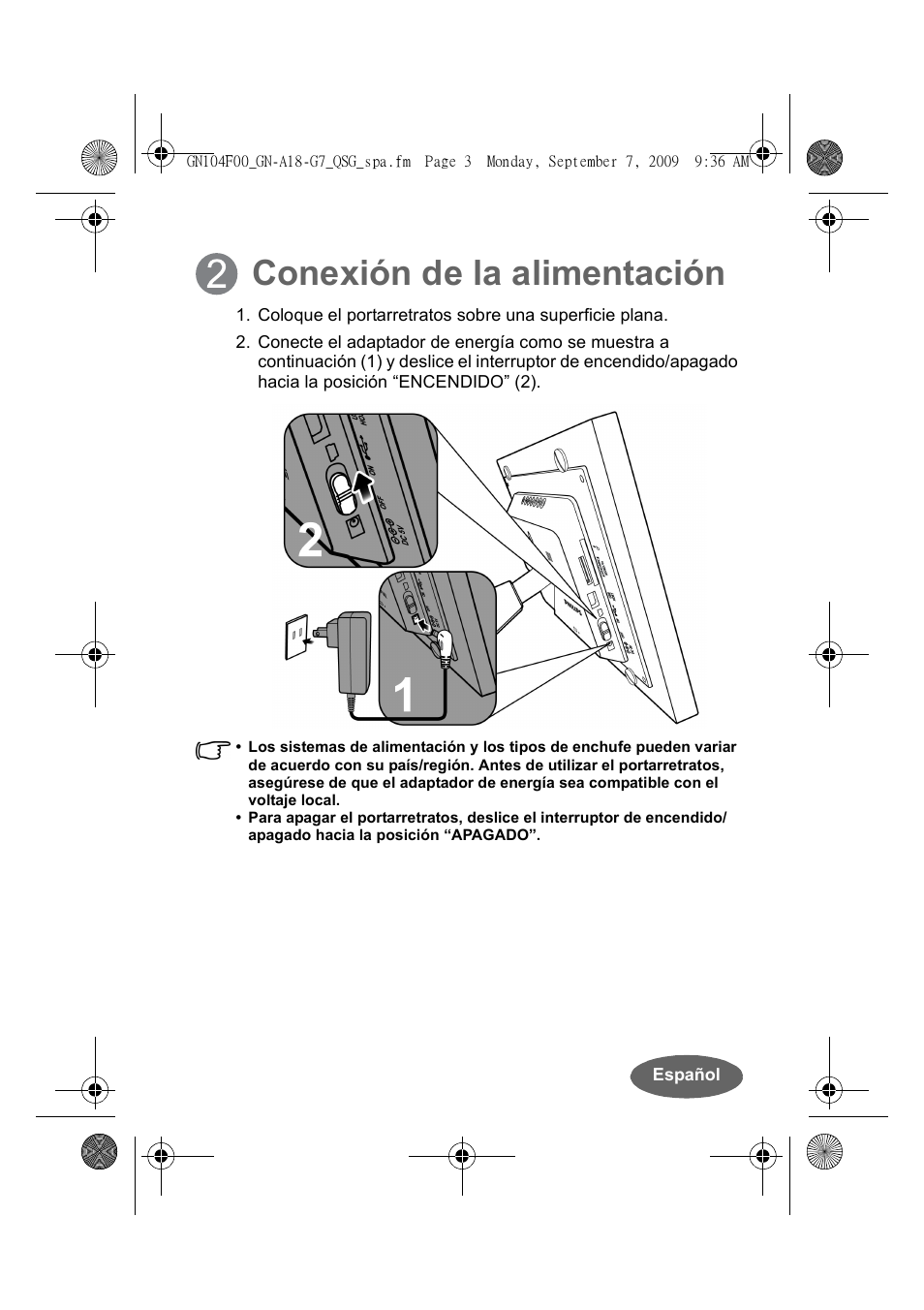 Conexión de la alimentación | Philips SPF3410-G7 User Manual | Page 13 / 16