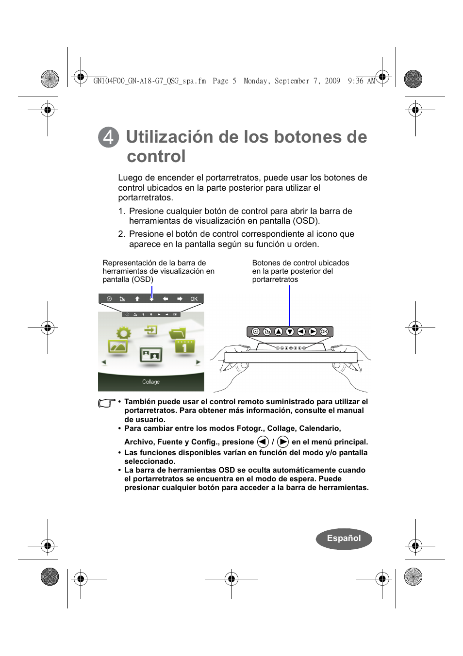 Utilización de los botones de control | Philips SPF3410-G7 User Manual | Page 15 / 16