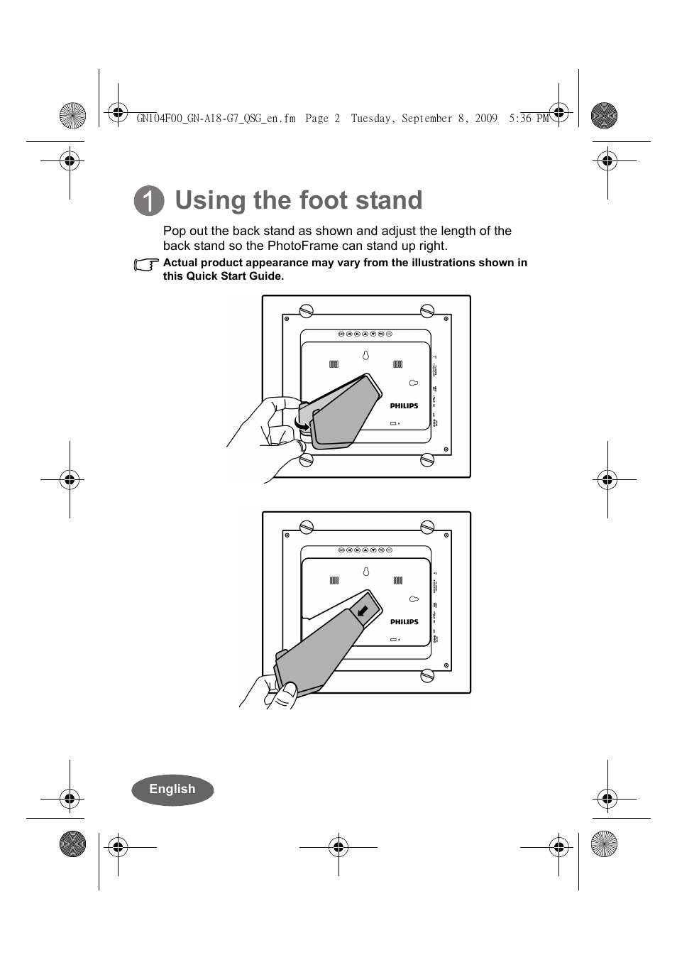 Using the foot stand | Philips SPF3410-G7 User Manual | Page 2 / 16