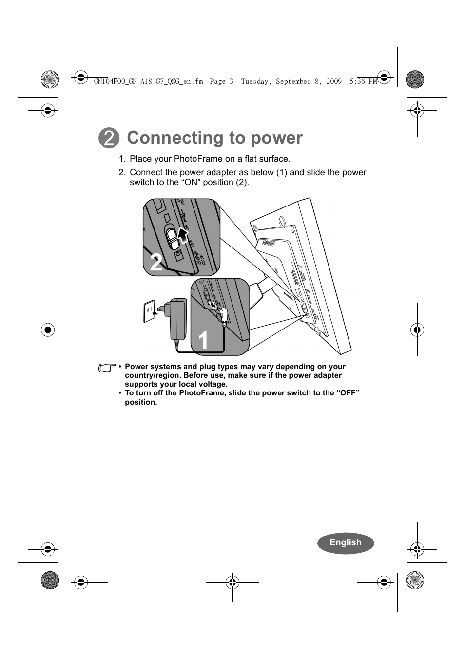 Connecting to power | Philips SPF3410-G7 User Manual | Page 3 / 16