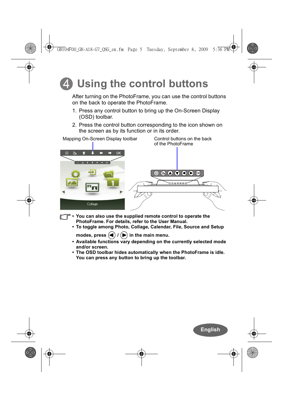 Using the control buttons | Philips SPF3410-G7 User Manual | Page 5 / 16