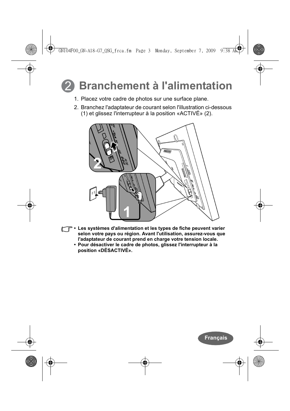 Branchement à l'alimentation | Philips SPF3410-G7 User Manual | Page 8 / 16
