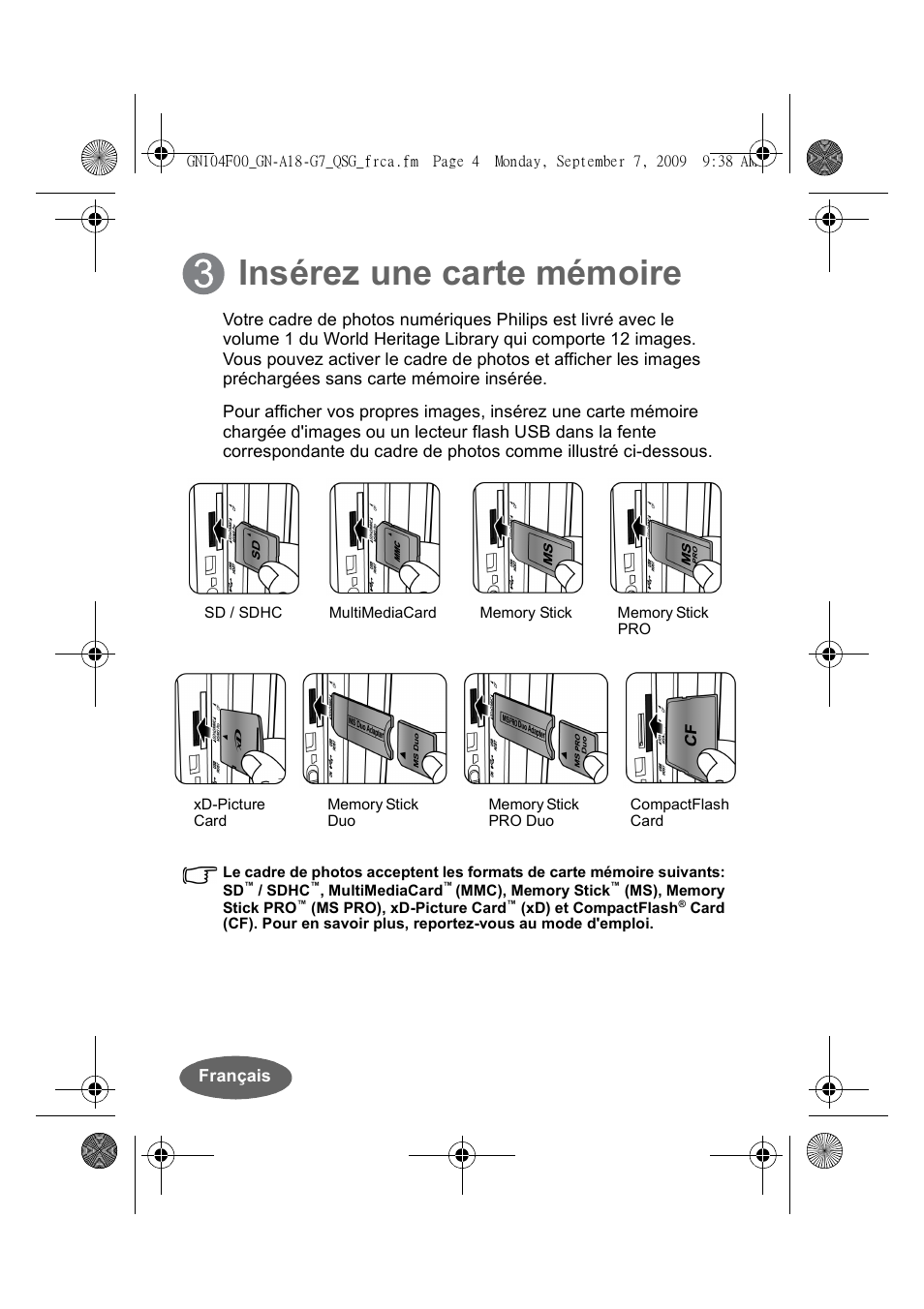 Insérez une carte mémoire | Philips SPF3410-G7 User Manual | Page 9 / 16