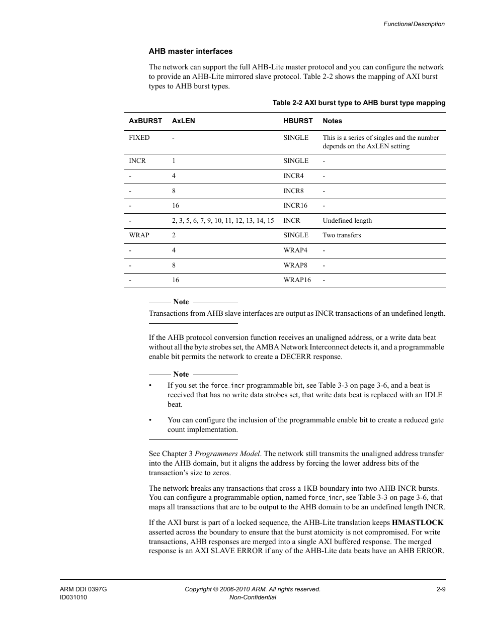 Table 2-2, Axi burst type to ahb burst type mapping -9 | ARM AMBA NIC-301 User Manual | Page 24 / 54