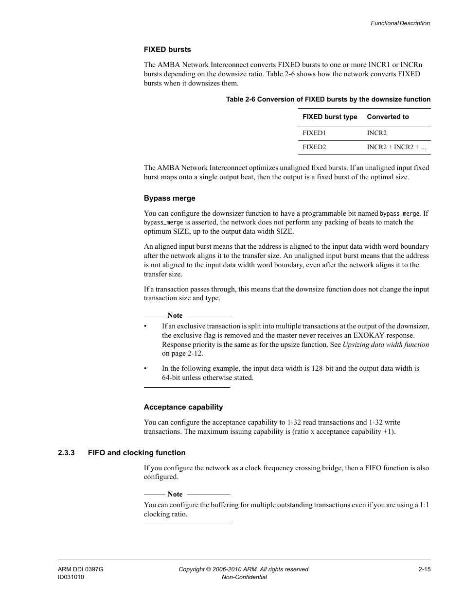 3 fifo and clocking function, Table 2-6 | ARM AMBA NIC-301 User Manual | Page 30 / 54