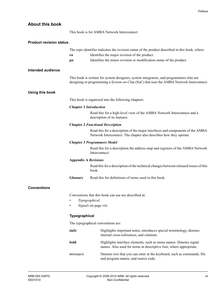 About this book, Product revision status, Intended audience | Using this book, Conventions | ARM AMBA NIC-301 User Manual | Page 7 / 54