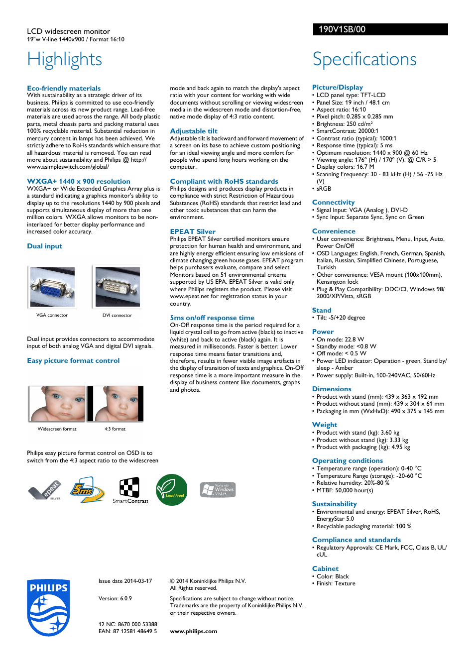 Highlights, Specifications | Philips 190V1SB-00 User Manual | Page 2 / 2