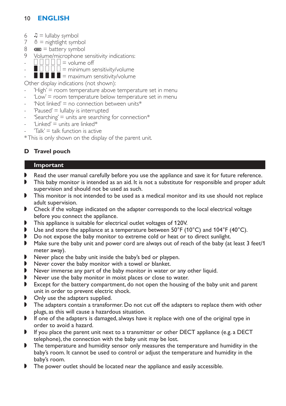 Important, Preparing for use, Baby unit | Operation on outlet electricity | Philips SCD530-00 User Manual | Page 10 / 64