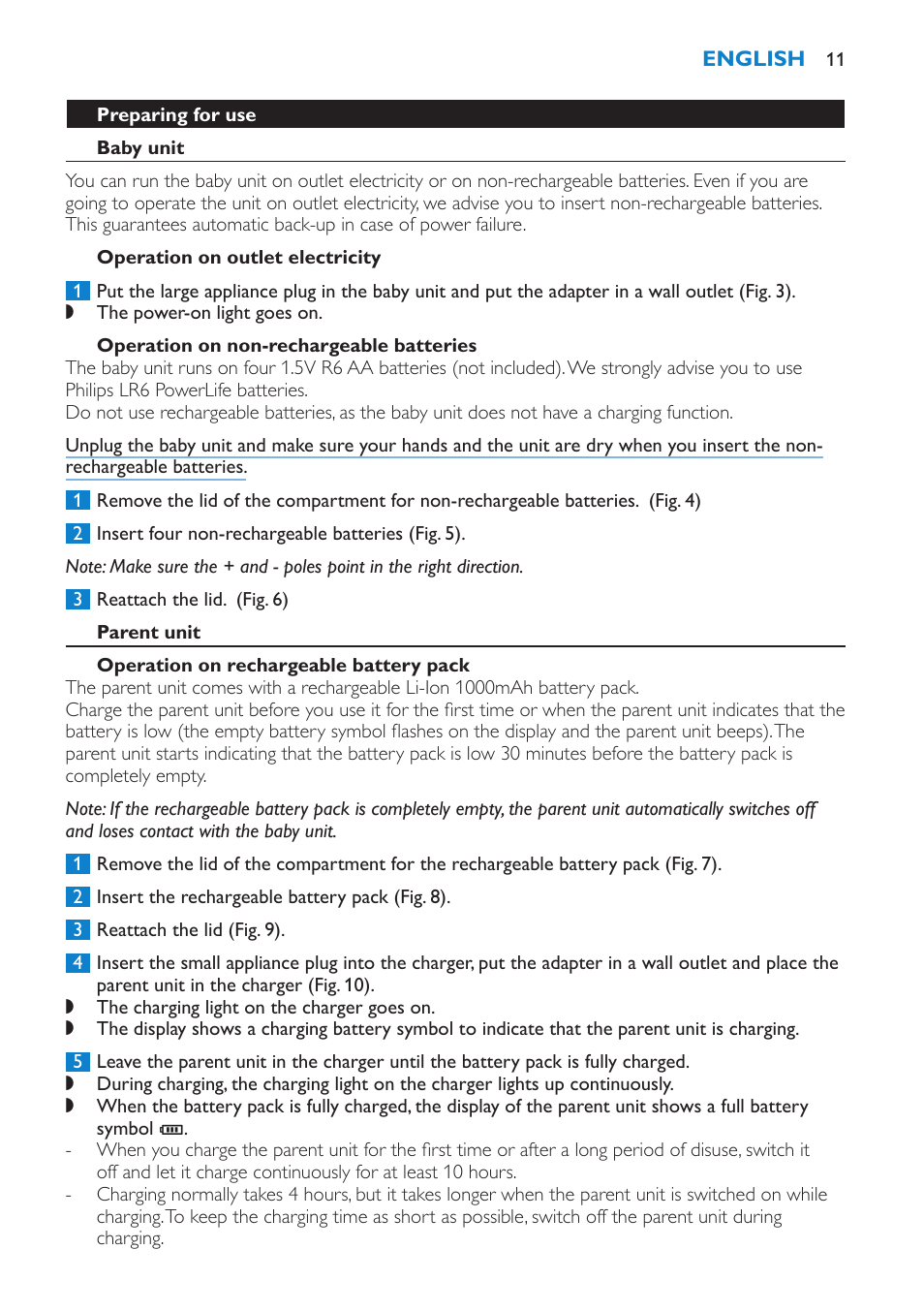 Operation on non-rechargeable batteries, Parent unit, Operation on rechargeable battery pack | Using the appliance | Philips SCD530-00 User Manual | Page 11 / 64