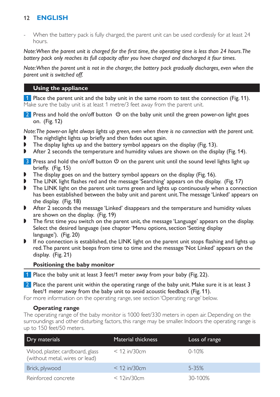 Positioning the baby monitor, Operating range, Features | Philips SCD530-00 User Manual | Page 12 / 64