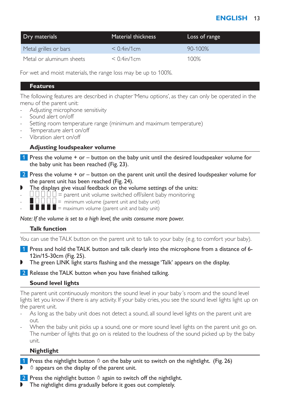 Adjusting loudspeaker volume, Talk function, Sound level lights | Nightlight, Paging the parent unit | Philips SCD530-00 User Manual | Page 13 / 64