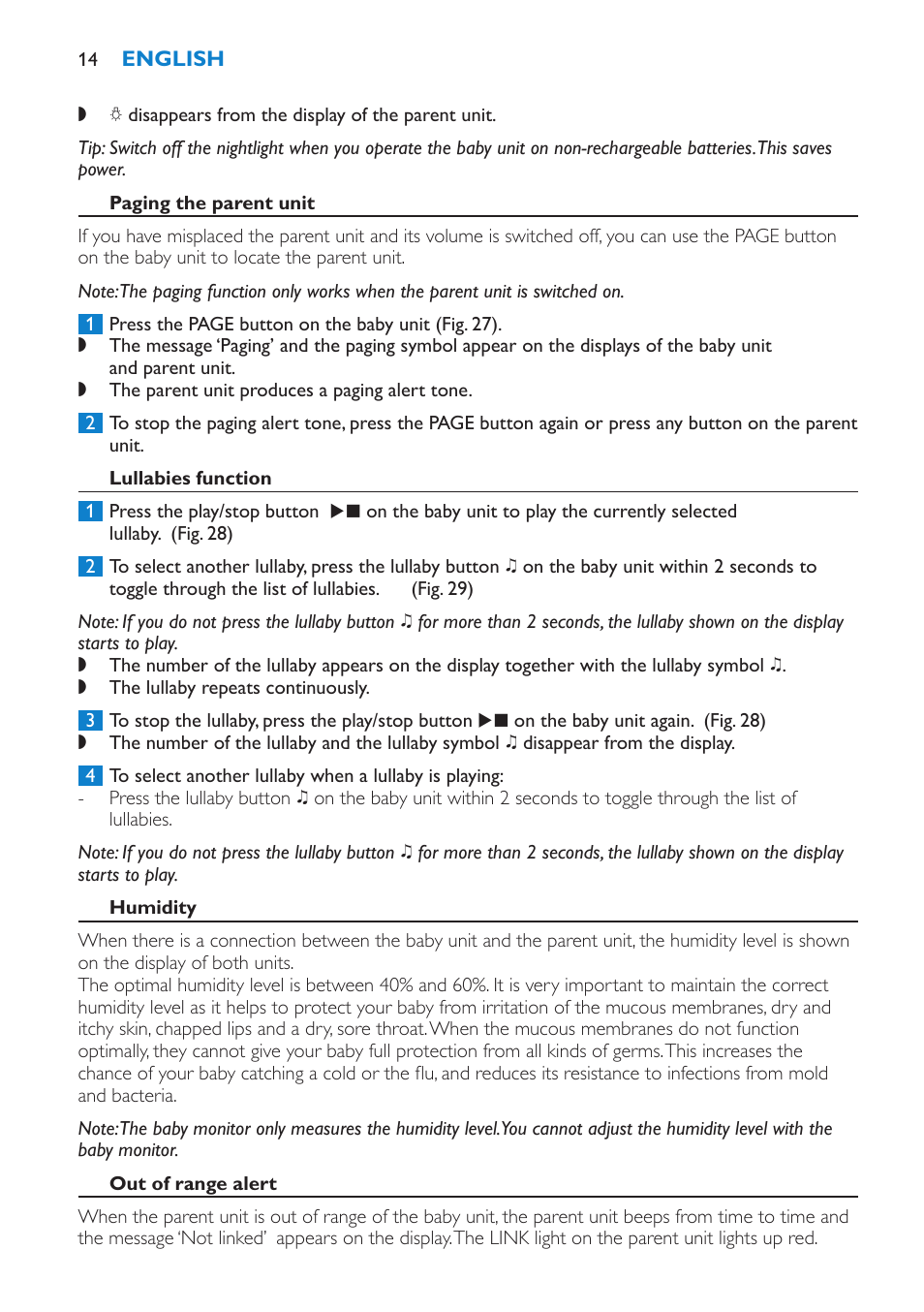 Lullabies function, Humidity, Out of range alert | Menu options, Menu operation - general explanation | Philips SCD530-00 User Manual | Page 14 / 64