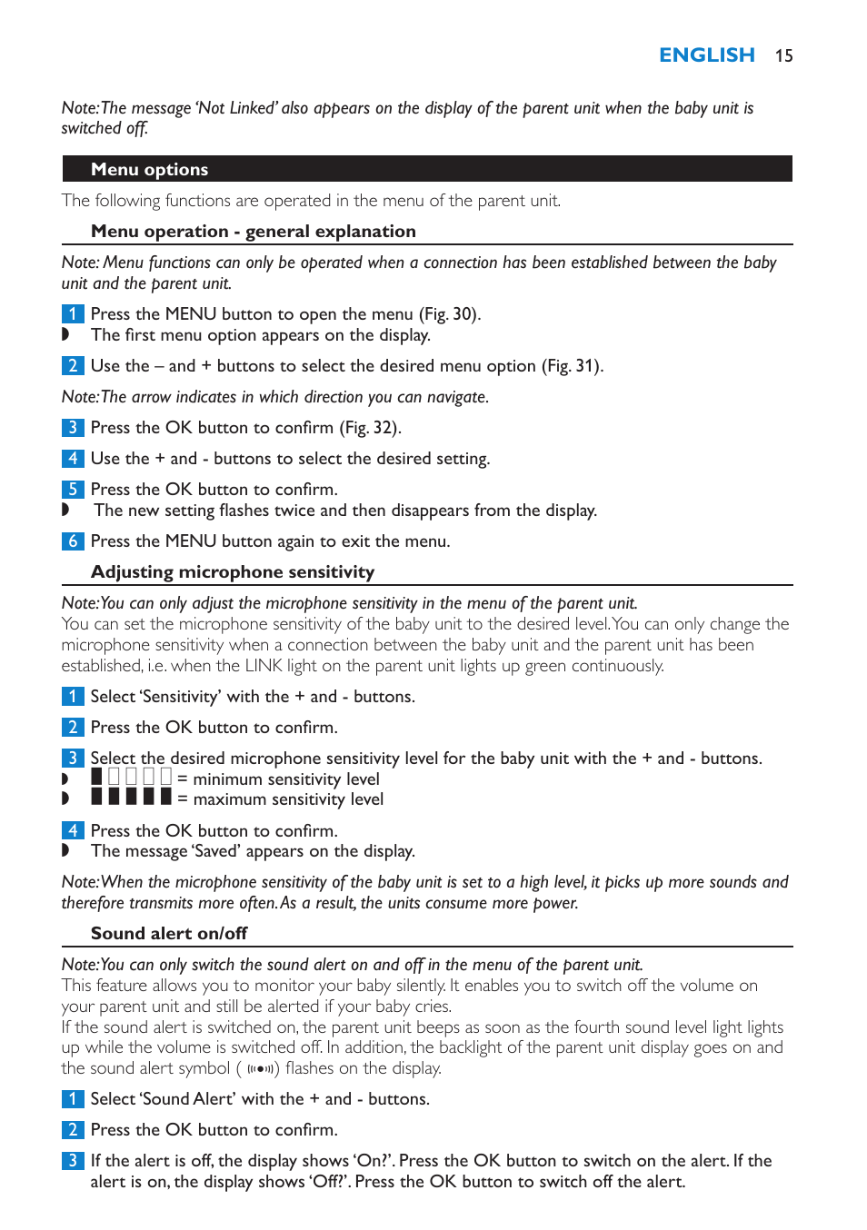 Adjusting microphone sensitivity, Sound alert on/off, Setting room temperature range | Philips SCD530-00 User Manual | Page 15 / 64