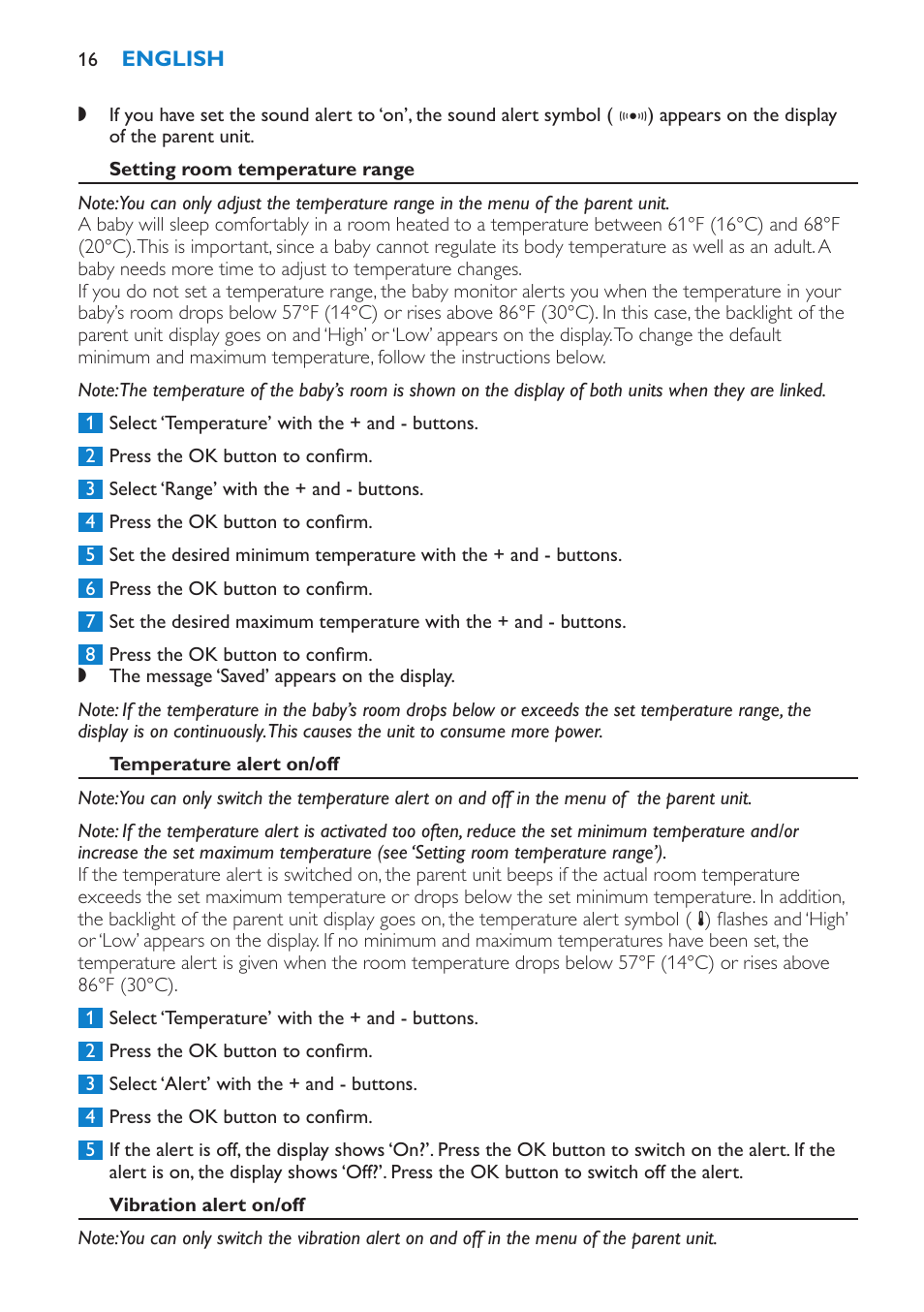 Temperature alert on/off, Vibration alert on/off, Setting display language | Philips SCD530-00 User Manual | Page 16 / 64