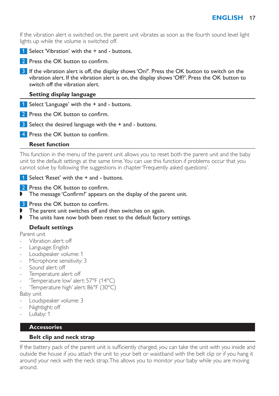 Reset function, Default settings, Accessories | Belt clip and neck strap, Connecting the belt clip, Disconnecting the belt clip, Connecting the neck strap, Disconnecting the neck strap | Philips SCD530-00 User Manual | Page 17 / 64