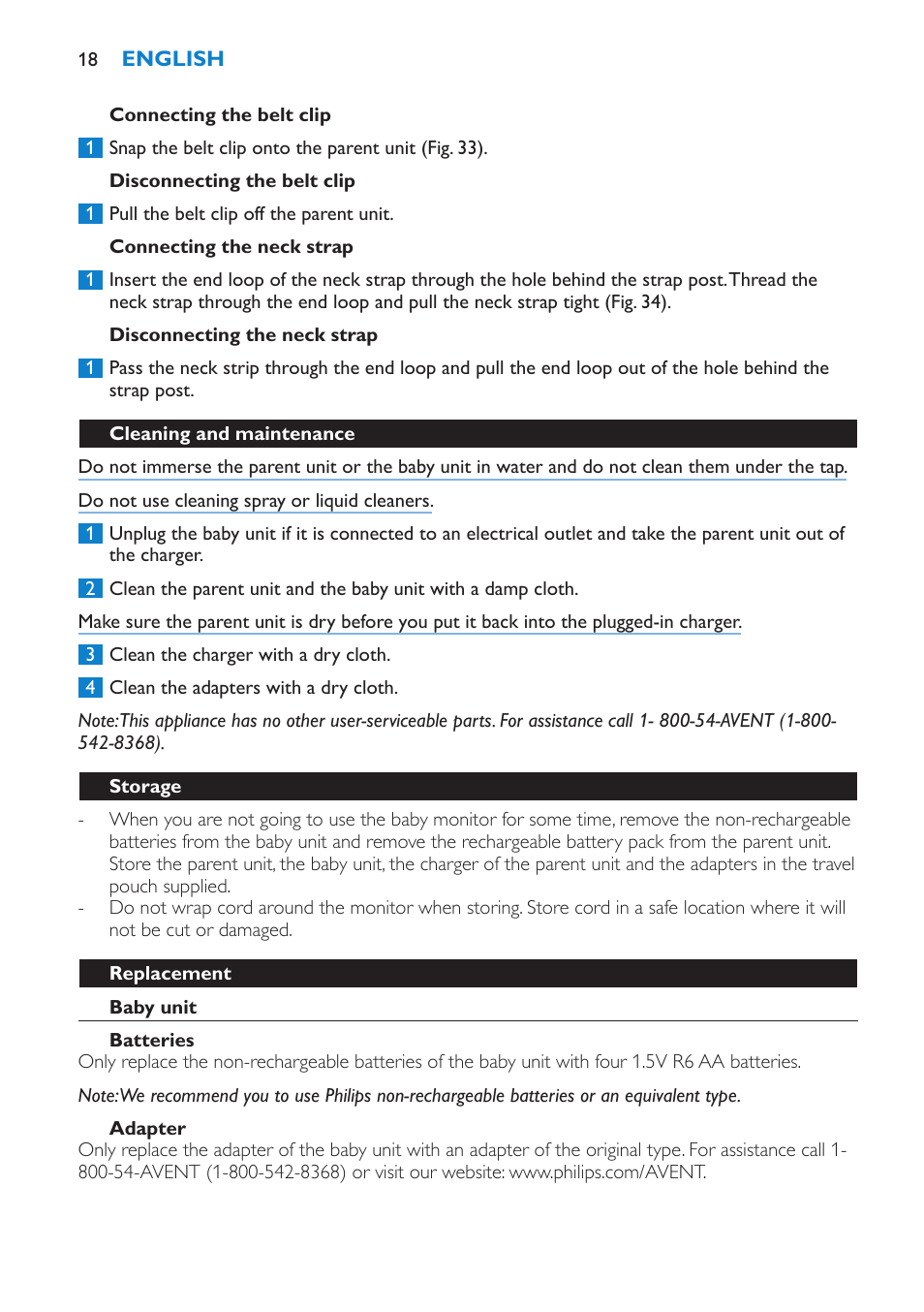 Cleaning and maintenance, Storage, Replacement | Baby unit, Batteries, Adapter, Parent unit, Battery pack, Assistance, Environment | Philips SCD530-00 User Manual | Page 18 / 64