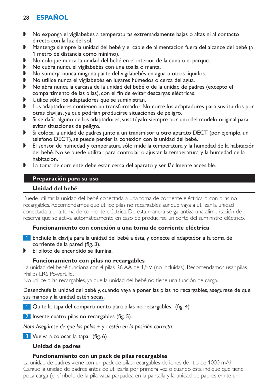 Preparación para su uso, Unidad del bebé, Funcionamiento con pilas no recargables | Unidad de padres, Funcionamiento con un pack de pilas recargables | Philips SCD530-00 User Manual | Page 28 / 64