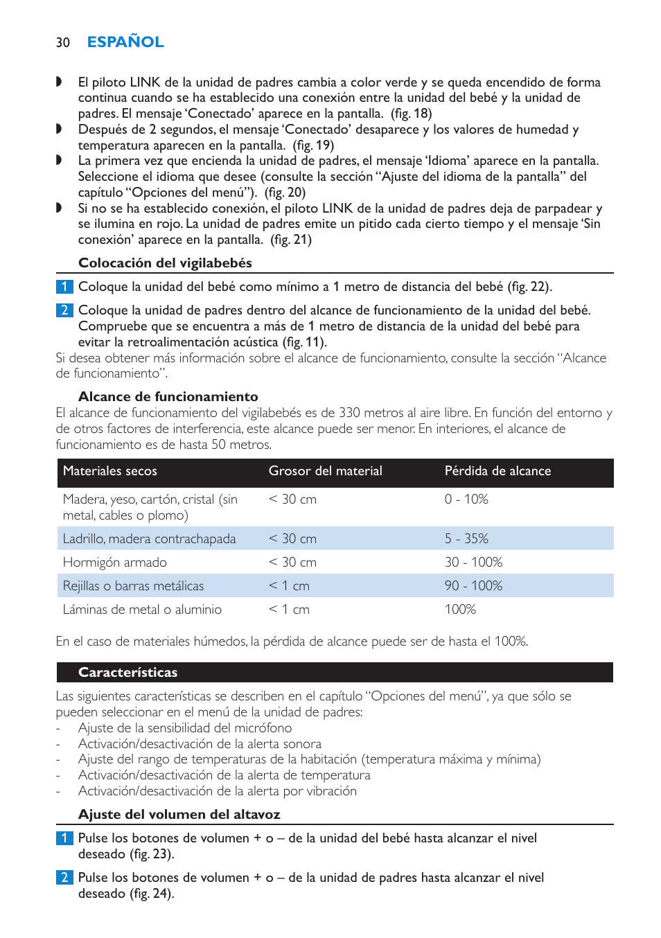 Alcance de funcionamiento, Características, Ajuste del volumen del altavoz | Función de intercomunicador, Pilotos de nivel de sonido | Philips SCD530-00 User Manual | Page 30 / 64