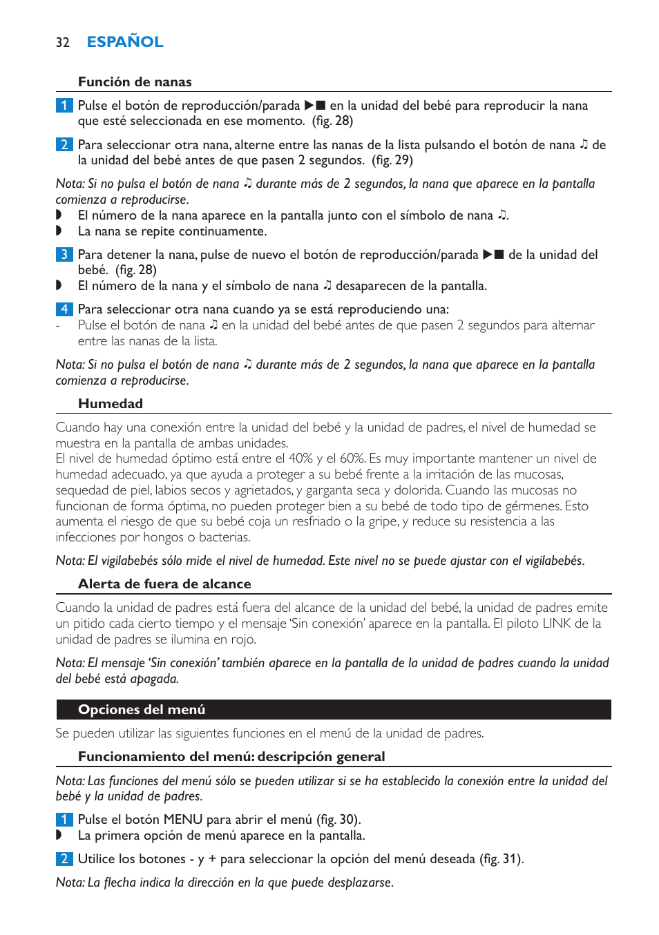 Alerta de fuera de alcance, Opciones del menú, Funcionamiento del menú: descripción general | Ajuste de la sensibilidad del micrófono | Philips SCD530-00 User Manual | Page 32 / 64